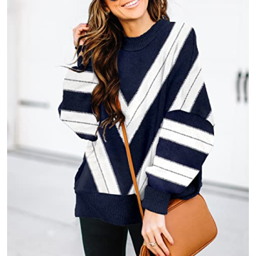 ETCYY Oversized Sweaters for Women 2022 Trendy Fall Crew Neck Batwing Sleeve Side Slit Knit Tops Loose Striped Print Pullover Sweater