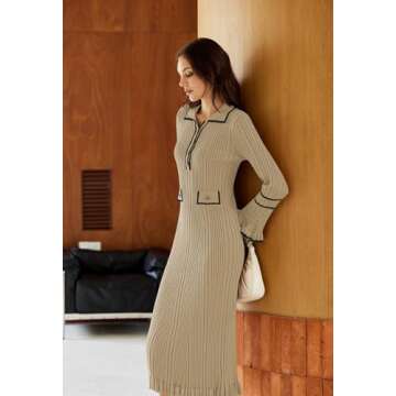 Pink Queen Women's Button V Neck Sweater Dress Long Sleeve Spring Break Outfits Color Patchwork Stretchy Resort Slim Bodycon Pencil Dress Beige S