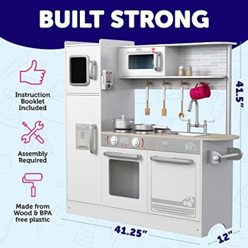 Play Kitchen - Wooden Kitchen Playset for Toddlers and Big Kids - Large Pretend Toy playset for Boys and Girls with Cooking Stove, Oven, Pots, Pans, Phone, Microwave, Fridge, Sink, Utensils - Ages 3-8