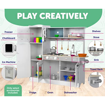 Play Kitchen - Wooden Kitchen Playset for Toddlers and Big Kids - Large Pretend Toy playset for Boys and Girls with Cooking Stove, Oven, Pots, Pans, Phone, Microwave, Fridge, Sink, Utensils - Ages 3-8
