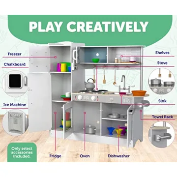 Play Kitchen - Wooden Kitchen Playset for Toddlers and Big Kids - Large Pretend Toy playset for Boys and Girls with Cooking Stove, Oven, Pots, Pans, Phone, Microwave, Fridge, Sink, Utensils - Ages 3-8