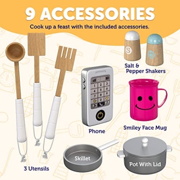 Play Kitchen - Wooden Kitchen Playset for Toddlers and Big Kids - Large Pretend Toy playset for Boys and Girls with Cooking Stove, Oven, Pots, Pans, Phone, Microwave, Fridge, Sink, Utensils - Ages 3-8