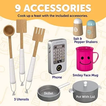 Play Kitchen - Wooden Kitchen Playset for Toddlers and Big Kids - Large Pretend Toy playset for Boys and Girls with Cooking Stove, Oven, Pots, Pans, Phone, Microwave, Fridge, Sink, Utensils - Ages 3-8