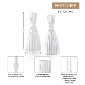 LampLust White Taper Candle Holder, 6 Inch, 2 Pack Candlestick Holders, Glass Candle Holders for Sta...