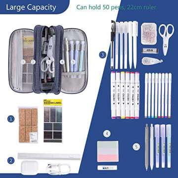 Pencil Case Big Capacity Pen Bag 3 Compartment Large Storage Pouch Marker Pen Case with Zipper Waterproof Portable for School Girls Boys Teens (Grey)