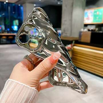 HYUEKOKO Water Ripple Pattern Case for iPhone 13 Pro Max Soft TPU Shockproof Camera Protective Back Cover for Women Girl Curly Wave Frame Phone Case for iPhone 13 Pro Max 6.7 Inch Silver