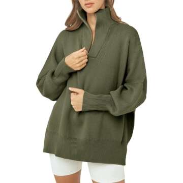 Imily Bela Womens Tunic Sweater Fall Long Sleeve 1/4 Zip Pullover Sweaters Oversized Slouchy Ribbed Knit Sweatshirt with Slit Army Green