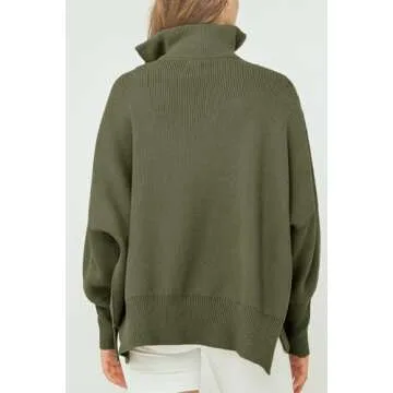 Imily Bela Womens Tunic Sweater Fall Long Sleeve 1/4 Zip Pullover Sweaters Oversized Slouchy Ribbed Knit Sweatshirt with Slit Army Green