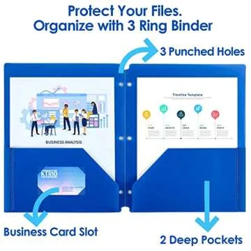 KTRIO 3 Hole Punched Plastic Folders, 6 Pack