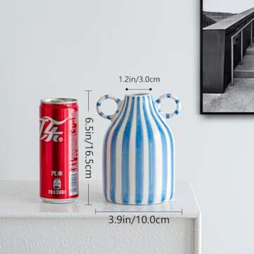 Blue and White Ceramic Vase, Mid Century Modern Striped Small Vases for Flower&pampas Grass Centerpi...