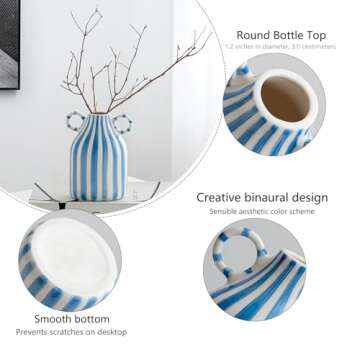 Blue and White Ceramic Vase, Mid Century Modern Striped Small Vases for Flower&pampas Grass Centerpiece, Blue White Checkered Vase for Dining Table Kitchen Tabletop Minimalist Decorative
