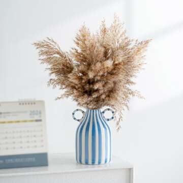 Blue and White Ceramic Vase, Mid Century Modern Striped Small Vases for Flower&pampas Grass Centerpiece, Blue White Checkered Vase for Dining Table Kitchen Tabletop Minimalist Decorative