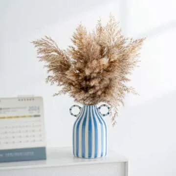 Blue and White Ceramic Vase, Mid Century Modern Striped Small Vases for Flower&pampas Grass Centerpiece, Blue White Checkered Vase for Dining Table Kitchen Tabletop Minimalist Decorative