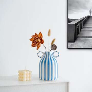 Blue and White Ceramic Vase, Mid Century Modern Striped Small Vases for Flower&pampas Grass Centerpiece, Blue White Checkered Vase for Dining Table Kitchen Tabletop Minimalist Decorative