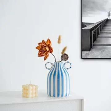 Blue and White Ceramic Vase, Mid Century Modern Striped Small Vases for Flower&pampas Grass Centerpiece, Blue White Checkered Vase for Dining Table Kitchen Tabletop Minimalist Decorative