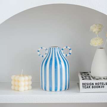 Blue and White Ceramic Vase, Mid Century Modern Striped Small Vases for Flower&pampas Grass Centerpiece, Blue White Checkered Vase for Dining Table Kitchen Tabletop Minimalist Decorative