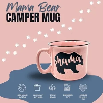 Mama Bear Ceramic Coffee Mug for Mom, Wife, Women – Unique Coral Ceramic Mug – Fun Gifts for Her on Mother’s Day, Birthday, or Christmas – Cute Coffee Cup for Moms, Wives, and Coffee-Loving Women