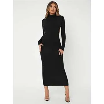 Verdusa Women's Mock Neck Backless Long Sleeve Bodycon Long Pencil Dress Black S