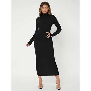 Verdusa Women's Mock Neck Backless Long Sleeve Bodycon Long Pencil Dress Black S