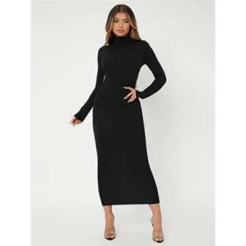 Verdusa Women's Mock Neck Backless Long Sleeve Bodycon Long Pencil Dress Black S