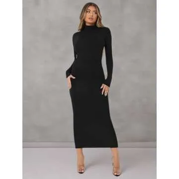 Verdusa Women's Mock Neck Backless Long Sleeve Bodycon Long Pencil Dress Black S