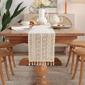 Gemseek 90 Inch Boho Crochet Table Runner, Vintage Bohemian Rustic Farmhouse Macrame Table Runner for Kitchen Coffee Dining Table Living Room Home Décor