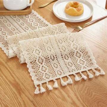 Gemseek 90 Inch Boho Crochet Table Runner, Vintage Bohemian Rustic Farmhouse Macrame Table Runner for Kitchen Coffee Dining Table Living Room Home Décor