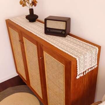 Gemseek 90 Inch Boho Crochet Table Runner, Vintage Bohemian Rustic Farmhouse Macrame Table Runner for Kitchen Coffee Dining Table Living Room Home Décor