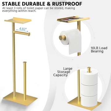 CISILY Golden Toilet Paper Holder Stand with Phone Shelf, Bathroom Toliet Decor Decoration Tissue Paper Roll Holder Free Standing Storage, Rv Accessories, Apartment Restroom Household Home Essentials