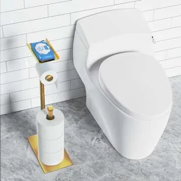 CISILY Golden Toilet Paper Holder Stand with Phone Shelf, Bathroom Toliet Decor Decoration Tissue Paper Roll Holder Free Standing Storage, Rv Accessories, Apartment Restroom Household Home Essentials