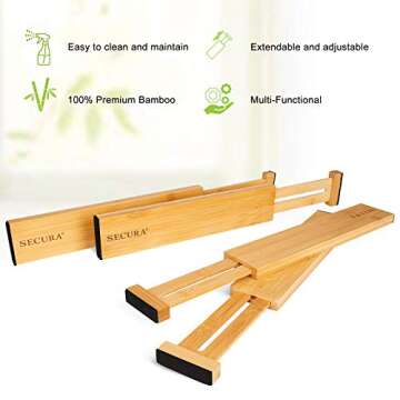 Secura Bamboo Drawer Dividers Organizer 4-Pack, Adjustable Drawer Separators Expandable from 12.0-17...