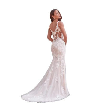 Mermaid Wedding Dresses Long Tulle V Neck Lace Applique Spaghetti Strap Sleeveless Wedding Gown for ...