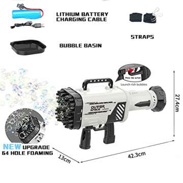 VERSDITAS 64-Hole Gatling Bubble Gun, Rocket Launcher Bubble Machine Gun, Blows Out Thousands of Bubbles per Minute, Suitable for Children and Adults, Perfect for Indoor and Outdoor Birthday Parties.