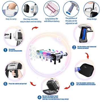 VERSDITAS 64-Hole Gatling Bubble Gun, Rocket Launcher Bubble Machine Gun, Blows Out Thousands of Bubbles per Minute, Suitable for Children and Adults, Perfect for Indoor and Outdoor Birthday Parties.