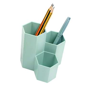 Hexagon Desk Pencil Holder Stand 3 Slot Pen Display Cup Case Makeup Brushes Pot Box Stationery Organizer Container Storage Caddy Office Supplies Workspace Accessories Sorter for Home School Classroom