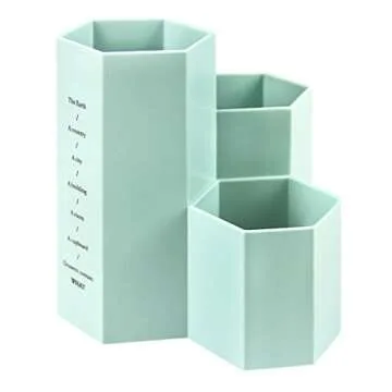 Hexagon Desk Pencil Holder Stand 3 Slot Pen Display Cup Case Makeup Brushes Pot Box Stationery Organizer Container Storage Caddy Office Supplies Workspace Accessories Sorter for Home School Classroom