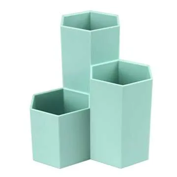 Hexagon Desk Pencil Holder Stand 3 Slot Pen Display Cup Case Makeup Brushes Pot Box Stationery Organizer Container Storage Caddy Office Supplies Workspace Accessories Sorter for Home School Classroom