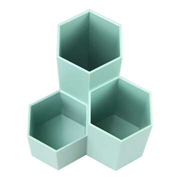 Hexagon Desk Pencil Holder Stand 3 Slot Pen Display Cup Case Makeup Brushes Pot Box Stationery Organizer Container Storage Caddy Office Supplies Workspace Accessories Sorter for Home School Classroom