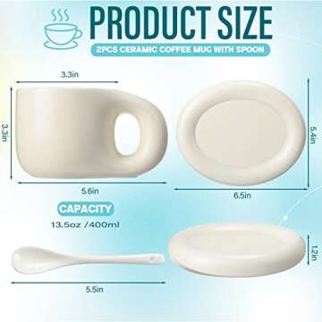 Lallisa 2 Pieces 13.5 oz Ceramic Coffee Mug Cute Fat Handle Cup with 2 Pcs Matching Saucer and 2 Pcs...