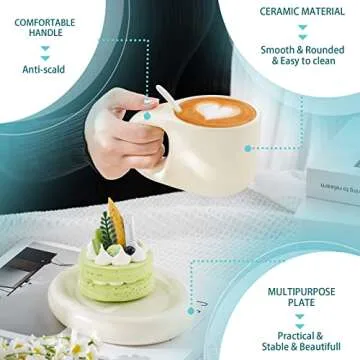 Lallisa 2 Pieces 13.5 oz Ceramic Coffee Mug Cute Fat Handle Cup with 2 Pcs Matching Saucer and 2 Pcs Spoons Espresso Chubby Mug for Milk Latte Tea Cafe, Dishwasher and Microwave Safe (Beige)