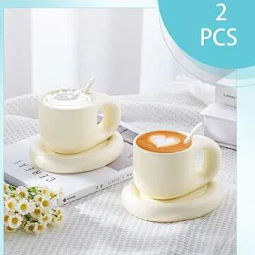 Lallisa 2 Pieces 13.5 oz Ceramic Coffee Mug Cute Fat Handle Cup with 2 Pcs Matching Saucer and 2 Pcs Spoons Espresso Chubby Mug for Milk Latte Tea Cafe, Dishwasher and Microwave Safe (Beige)