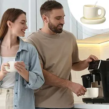 Lallisa 2 Pieces 13.5 oz Ceramic Coffee Mug Cute Fat Handle Cup with 2 Pcs Matching Saucer and 2 Pcs Spoons Espresso Chubby Mug for Milk Latte Tea Cafe, Dishwasher and Microwave Safe (Beige)