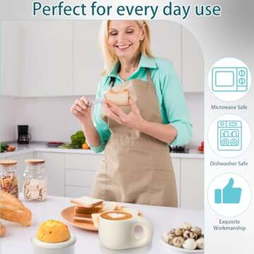 Lallisa 2 Pieces 13.5 oz Ceramic Coffee Mug Cute Fat Handle Cup with 2 Pcs Matching Saucer and 2 Pcs Spoons Espresso Chubby Mug for Milk Latte Tea Cafe, Dishwasher and Microwave Safe (Beige)