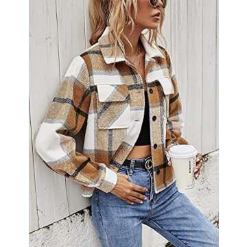 Binshre Women's Fashion Cropped Plaid Shacket Flannel Long Sleeve Button Down Jackets Coat for Women...