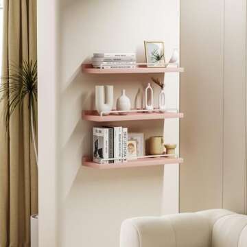 RYOFOBETTO Pink and White Floating Shelves, Kawaii Room Decor Wall Shelves - Set of 3 for Living Roo...