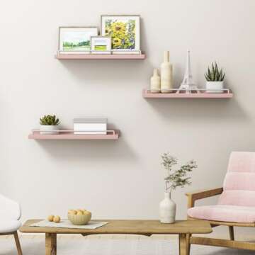 RYOFOBETTO Pink and White Floating Shelves, Kawaii Room Decor Wall Shelves - Set of 3 for Living Room, Bedroom, Kitchen, Picture Frames, Plants