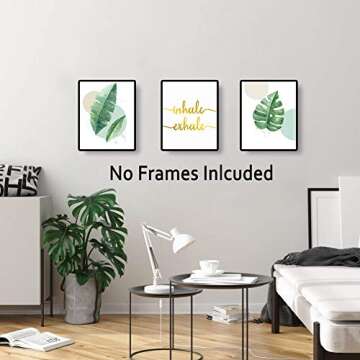 LHIUEM Watercolor Green Leaf Print&Inhale Exhale Quote Gold Foil Print, Botanical Painting Yoga Room Cardstock Art Poster Wall Decor (set of 3, 8’’ x 10’’,Unframed)