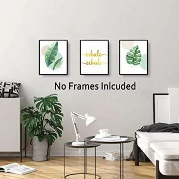 LHIUEM Watercolor Green Leaf Print&Inhale Exhale Quote Gold Foil Print, Botanical Painting Yoga Room Cardstock Art Poster Wall Decor (set of 3, 8’’ x 10’’,Unframed)