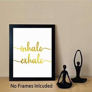LHIUEM Watercolor Green Leaf Print&Inhale Exhale Quote Gold Foil Print, Botanical Painting Yoga Room Cardstock Art Poster Wall Decor (set of 3, 8’’ x 10’’,Unframed)