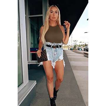 OQQ Women's 3 Piece Bodysuits Sexy Ribbed One Piece Sleeveless Halter Neck Tops Leotard Summer Trendy Black Coffee White